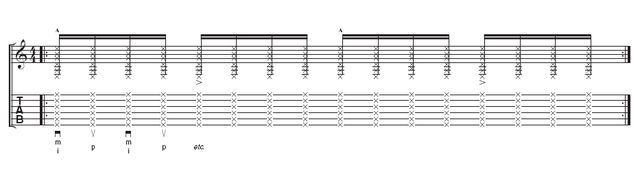 Rodrigo y Gabriela on right-hand technique Tab: The basic rhythm - Mute all the strings, but don't worry about hitting all six with every stroke. It's more important to develop a smooth wrist action that produces evenly spaced beats. Add the accents when you have settled into the groove.